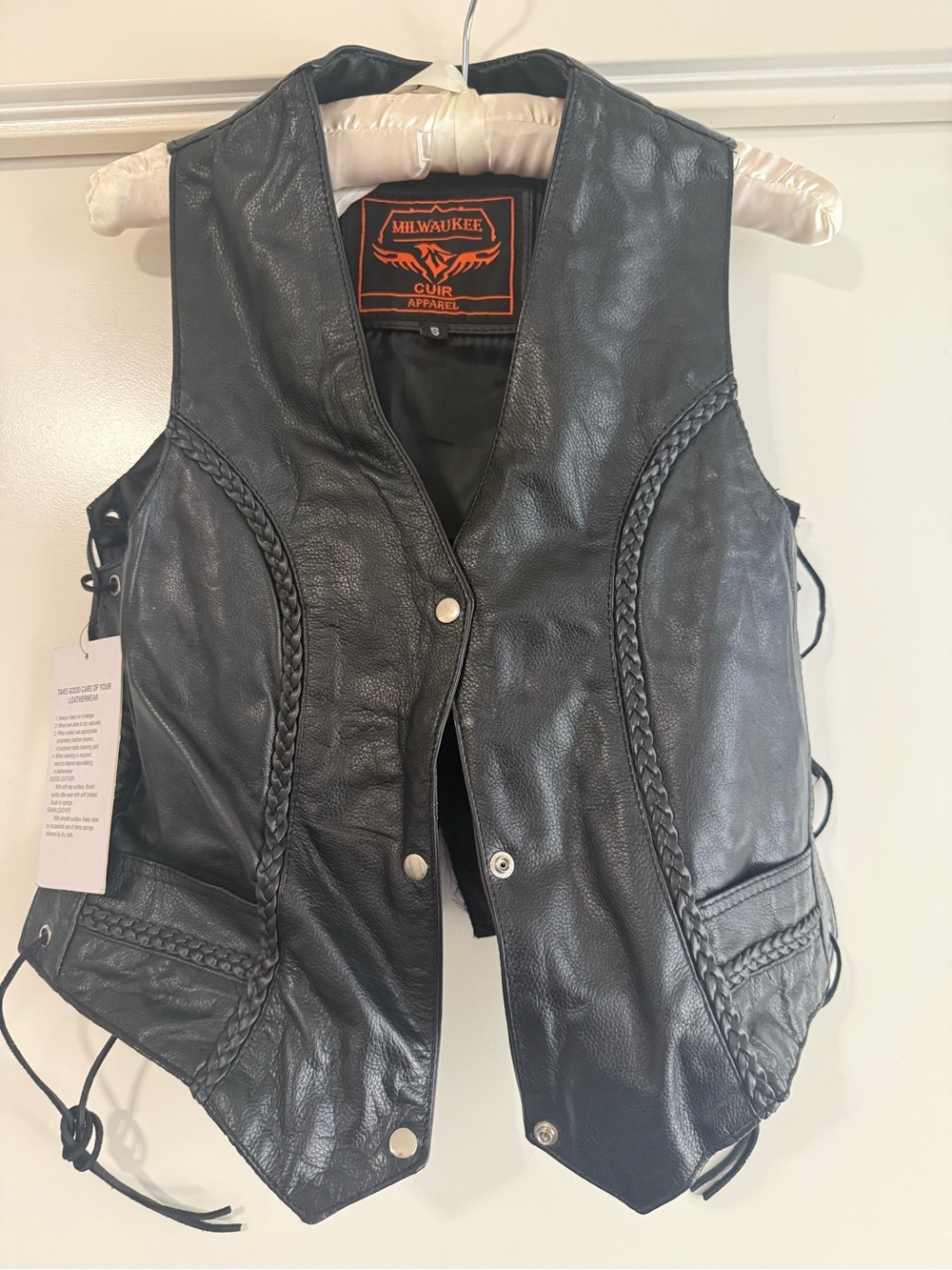 Black Leather Braided Motorcycle Vest